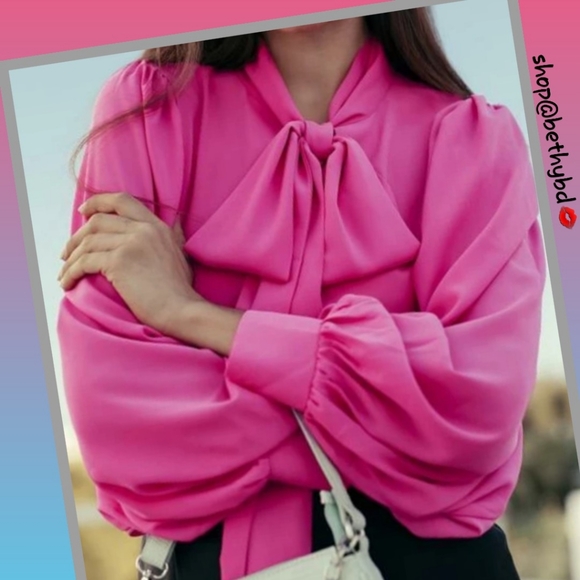 Belle of the Ball Couture Boutique Tops - 5⭐Rated💼Sale! Hot Pink Lantern Sleeve Blouse Tie